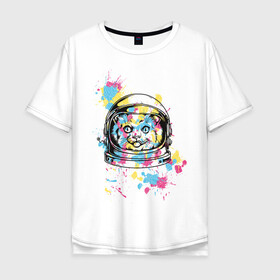 Мужская футболка хлопок Oversize с принтом Космокот в Кировске, 100% хлопок | свободный крой, круглый ворот, “спинка” длиннее передней части | астронавт | вселенная | кляксы | космонавт | космонавтика | космос | краска | полёт | разноцветный | скафандр | шлем