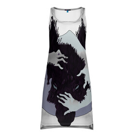 Платье-майка 3D с принтом ВОЛК WOLF в Кировске, 100% полиэстер | полуприлегающий силуэт, широкие бретели, круглый вырез горловины, удлиненный подол сзади. | wolf | арт | белое | белый | волк | волки | волф | вульф | животные | звери | лес | туман | хищник