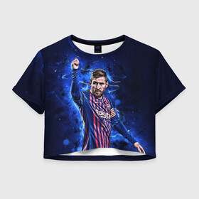 Женская футболка Crop-top 3D с принтом Lionel Messi Barcelona 10 в Кировске, 100% полиэстер | круглая горловина, длина футболки до линии талии, рукава с отворотами | 10 | argentina | barcelona | fc | fifa | footbal | leo | lionel | messi | soccer | аргентина | барселона | лео | лига | лионель | месси | мяч | мячик | поле | спорт | форма | футбол | футболист | футбольная | футбольный | чемпион