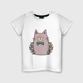 Детская футболка хлопок с принтом торжественный кот в Кировске, 100% хлопок | круглый вырез горловины, полуприлегающий силуэт, длина до линии бедер | Тематика изображения на принте: акварель | бабочка | бантик | галстук | животные | звери | кот | котейка | рисунок | торжественный