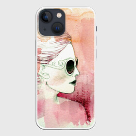 Чехол для iPhone 13 mini с принтом Девушка в Кировске,  |  | Тематика изображения на принте: в очках | девушка | рисунок акварелью | розовая акварель