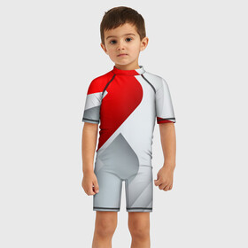 Детский купальный костюм 3D с принтом 3D SPORT STYLE RED  WHITE в Кировске, Полиэстер 85%, Спандекс 15% | застежка на молнии на спине | 3d | 3д | sport | абстракция | линии | паттерн | соты | спортивный стиль | текстуры