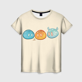 Женская футболка 3D с принтом Genshin impact Slime trio №1 в Кировске, 100% полиэфир ( синтетическое хлопкоподобное полотно) | прямой крой, круглый вырез горловины, длина до линии бедер | colorful | cute | genshin impact | slime | геншин | геншин импакт | милота