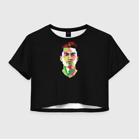 Женская футболка Crop-top 3D с принтом Paulo Dybala Pop Art в Кировске, 100% полиэстер | круглая горловина, длина футболки до линии талии, рукава с отворотами | art | champion | dybala | football | form | institute | juventus | palermo | paulo | player | pop | soccer | uniform | дибала | институто | легенда | палермо | пауло | форма | футбол | футбола | футболист | чемпион | ювентус