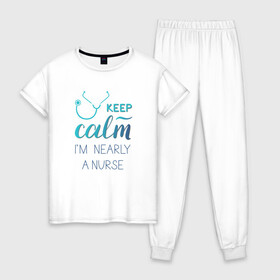 Женская пижама хлопок с принтом Keep calm в Кировске, 100% хлопок | брюки и футболка прямого кроя, без карманов, на брюках мягкая резинка на поясе и по низу штанин | keep calm | nurse | бирюзовый | медсестра | фонендоскоп
