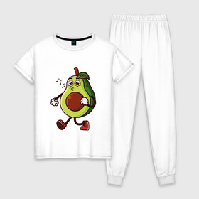 Женская пижама хлопок с принтом Авокадо поет в Кировске, 100% хлопок | брюки и футболка прямого кроя, без карманов, на брюках мягкая резинка на поясе и по низу штанин | avocado | cute | fruit | авокадо | милый | музыка | фрукт
