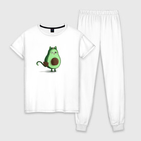 Женская пижама хлопок с принтом Авокадо кот идет на работу в Кировске, 100% хлопок | брюки и футболка прямого кроя, без карманов, на брюках мягкая резинка на поясе и по низу штанин | avocado | cat | авокадо | кот | рисунок