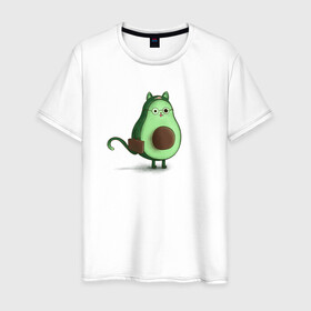 Мужская футболка хлопок с принтом Авокадо кот идет на работу в Кировске, 100% хлопок | прямой крой, круглый вырез горловины, длина до линии бедер, слегка спущенное плечо. | Тематика изображения на принте: avocado | cat | авокадо | кот | рисунок
