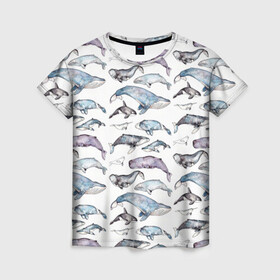 Женская футболка 3D с принтом киты паттерн в Кировске, 100% полиэфир ( синтетическое хлопкоподобное полотно) | прямой крой, круглый вырез горловины, длина до линии бедер | ocean | sea | sea animal | акварель | графика | касатка | киты | море | океан | рисунок кита