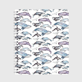 Тетрадь с принтом киты паттерн в Кировске, 100% бумага | 48 листов, плотность листов — 60 г/м2, плотность картонной обложки — 250 г/м2. Листы скреплены сбоку удобной пружинной спиралью. Уголки страниц и обложки скругленные. Цвет линий — светло-серый
 | Тематика изображения на принте: ocean | sea | sea animal | акварель | графика | касатка | киты | море | океан | рисунок кита