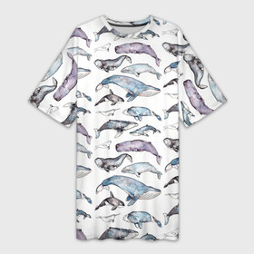 Платье-футболка 3D с принтом киты паттерн в Кировске,  |  | ocean | sea | sea animal | акварель | графика | касатка | киты | море | океан | рисунок кита