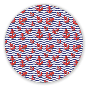 Коврик для мышки круглый с принтом Красные якоря в Кировске, резина и полиэстер | круглая форма, изображение наносится на всю лицевую часть | волны | красные | море | паттерны | тельняшка | якоря