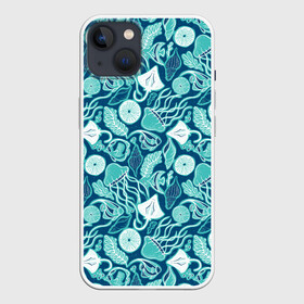 Чехол для iPhone 13 с принтом Скаты и медузы в Кировске,  |  | Тематика изображения на принте: водоросли | медузы | море | паттерны | ракушки | рыбы | электрический скат