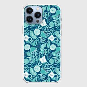 Чехол для iPhone 13 Pro Max с принтом Скаты и медузы в Кировске,  |  | Тематика изображения на принте: водоросли | медузы | море | паттерны | ракушки | рыбы | электрический скат