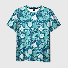 Мужская футболка 3D с принтом Скаты и медузы в Кировске, 100% полиэфир | прямой крой, круглый вырез горловины, длина до линии бедер | водоросли | медузы | море | паттерны | ракушки | рыбы | электрический скат