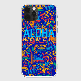 Чехол для iPhone 12 Pro с принтом ALOHA HAWAII | АЛОХА ГАВАЙИ в Кировске, силикон | область печати: задняя сторона чехла, без боковых панелей | Тематика изображения на принте: aloha | aloha hawaii | hawaii | гаваи | гавайи | гавайские маски | индийские маски | маска тики | маски | маски тики | надпись | пальмы | синий | тики