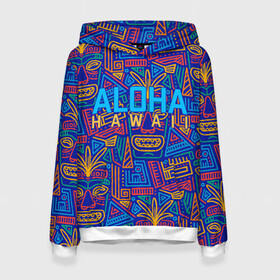 Женская толстовка 3D с принтом ALOHA HAWAII | АЛОХА ГАВАЙИ в Кировске, 100% полиэстер  | двухслойный капюшон со шнурком для регулировки, мягкие манжеты на рукавах и по низу толстовки, спереди карман-кенгуру с мягким внутренним слоем. | aloha | aloha hawaii | hawaii | гаваи | гавайи | гавайские маски | индийские маски | маска тики | маски | маски тики | надпись | пальмы | синий | тики