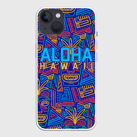 Чехол для iPhone 13 с принтом ALOHA HAWAII | АЛОХА ГАВАЙИ в Кировске,  |  | aloha | aloha hawaii | hawaii | гаваи | гавайи | гавайские маски | индийские маски | маска тики | маски | маски тики | надпись | пальмы | синий | тики
