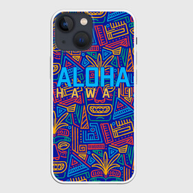 Чехол для iPhone 13 mini с принтом ALOHA HAWAII | АЛОХА ГАВАЙИ в Кировске,  |  | aloha | aloha hawaii | hawaii | гаваи | гавайи | гавайские маски | индийские маски | маска тики | маски | маски тики | надпись | пальмы | синий | тики