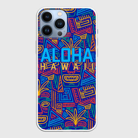 Чехол для iPhone 13 Pro Max с принтом ALOHA HAWAII | АЛОХА ГАВАЙИ в Кировске,  |  | aloha | aloha hawaii | hawaii | гаваи | гавайи | гавайские маски | индийские маски | маска тики | маски | маски тики | надпись | пальмы | синий | тики