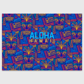 Поздравительная открытка с принтом ALOHA HAWAII | АЛОХА ГАВАЙИ в Кировске, 100% бумага | плотность бумаги 280 г/м2, матовая, на обратной стороне линовка и место для марки
 | Тематика изображения на принте: aloha | aloha hawaii | hawaii | гаваи | гавайи | гавайские маски | индийские маски | маска тики | маски | маски тики | надпись | пальмы | синий | тики