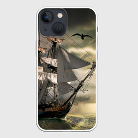 Чехол для iPhone 13 mini с принтом Парусник в Кировске,  |  | гроза | живопись | корабль | море | парусник | старинный | чайки