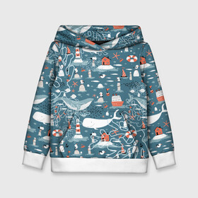 Детская толстовка 3D с принтом Море и его жители в Кировске, 100% полиэстер | двухслойный капюшон со шнурком для регулировки, мягкие манжеты на рукавах и по низу толстовки, спереди карман-кенгуру с мягким внутренним слоем | киты | кораллы | маяк | море | морская тема | морские символы | паттерн | чайка