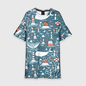 Детское платье 3D с принтом Море и его жители в Кировске, 100% полиэстер | прямой силуэт, чуть расширенный к низу. Круглая горловина, на рукавах — воланы | киты | кораллы | маяк | море | морская тема | морские символы | паттерн | чайка