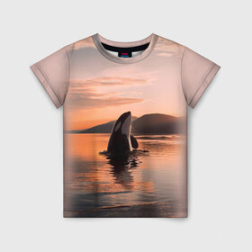Детская футболка 3D с принтом касатки на закате в Кировске, 100% гипоаллергенный полиэфир | прямой крой, круглый вырез горловины, длина до линии бедер, чуть спущенное плечо, ткань немного тянется | Тематика изображения на принте: ocean | orca | sea | sea animal | дельфин | закат | касатка | кит | море | океан | рисунок кита