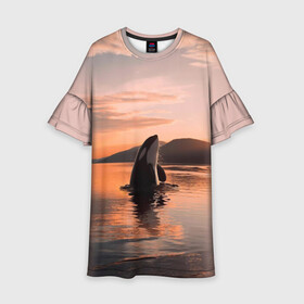 Детское платье 3D с принтом касатки на закате в Кировске, 100% полиэстер | прямой силуэт, чуть расширенный к низу. Круглая горловина, на рукавах — воланы | Тематика изображения на принте: ocean | orca | sea | sea animal | дельфин | закат | касатка | кит | море | океан | рисунок кита