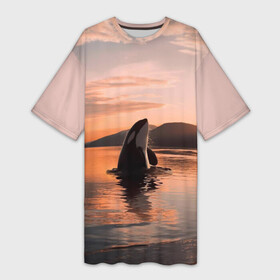 Платье-футболка 3D с принтом касатки на закате в Кировске,  |  | ocean | orca | sea | sea animal | дельфин | закат | касатка | кит | море | океан | рисунок кита