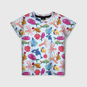 Детская футболка 3D с принтом Подводные существа в Кировске, 100% гипоаллергенный полиэфир | прямой крой, круглый вырез горловины, длина до линии бедер, чуть спущенное плечо, ткань немного тянется | дельфины | кальмары | морские животные | морские обитатели | осьминоги | ракушки | рыбы