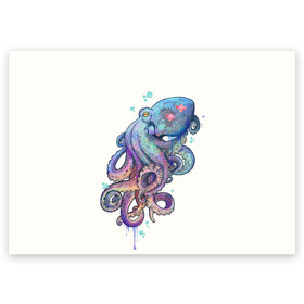 Поздравительная открытка с принтом Осьминог яркий в Кировске, 100% бумага | плотность бумаги 280 г/м2, матовая, на обратной стороне линовка и место для марки
 | морские животные | морские обитатели | осьминог | осьминог яркий