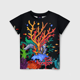 Детская футболка 3D с принтом Морской пейзаж в Кировске, 100% гипоаллергенный полиэфир | прямой крой, круглый вырез горловины, длина до линии бедер, чуть спущенное плечо, ткань немного тянется | кораллы | море | морская тема | морские символы | морской пейзаж | ракушка | рыбы