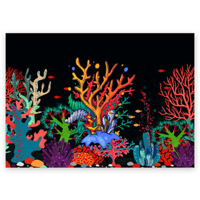 Поздравительная открытка с принтом Морской пейзаж в Кировске, 100% бумага | плотность бумаги 280 г/м2, матовая, на обратной стороне линовка и место для марки
 | кораллы | море | морская тема | морские символы | морской пейзаж | ракушка | рыбы