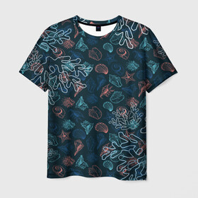 Мужская футболка 3D с принтом Ракушки в Кировске, 100% полиэфир | прямой крой, круглый вырез горловины, длина до линии бедер | Тематика изображения на принте: кораллы | море | морская тема | морские раковины | морские символы | ракушка