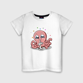 Детская футболка хлопок с принтом Милый Осьминог в Кировске, 100% хлопок | круглый вырез горловины, полуприлегающий силуэт, длина до линии бедер | cute | octopus | милый | осьминог | осьминожка | тентакли