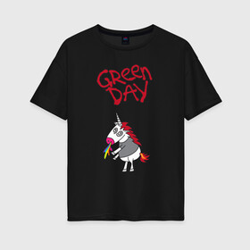 Женская футболка хлопок Oversize с принтом Green Day Unicorn в Кировске, 100% хлопок | свободный крой, круглый ворот, спущенный рукав, длина до линии бедер
 | Тематика изображения на принте: billie joe armstrong | green day | punk | rock | unicorn | билли джо | грин дей | панк | рок