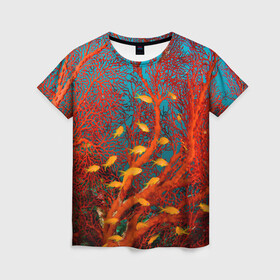 Женская футболка 3D с принтом Коралловые рыбки в Кировске, 100% полиэфир ( синтетическое хлопкоподобное полотно) | прямой крой, круглый вырез горловины, длина до линии бедер | коралловые | море | океан | подводный мир | рифы | рыбки | рыбы