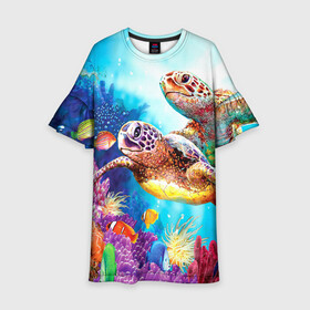 Детское платье 3D с принтом Морские черепахи в Кировске, 100% полиэстер | прямой силуэт, чуть расширенный к низу. Круглая горловина, на рукавах — воланы | коралловые | море | морские | океан | подводный мир | рифы | рыбки | рыбы | черепахи