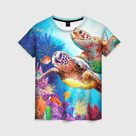 Женская футболка 3D с принтом Морские черепахи в Кировске, 100% полиэфир ( синтетическое хлопкоподобное полотно) | прямой крой, круглый вырез горловины, длина до линии бедер | коралловые | море | морские | океан | подводный мир | рифы | рыбки | рыбы | черепахи