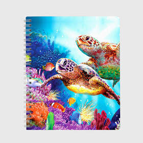 Тетрадь с принтом Морские черепахи в Кировске, 100% бумага | 48 листов, плотность листов — 60 г/м2, плотность картонной обложки — 250 г/м2. Листы скреплены сбоку удобной пружинной спиралью. Уголки страниц и обложки скругленные. Цвет линий — светло-серый
 | Тематика изображения на принте: коралловые | море | морские | океан | подводный мир | рифы | рыбки | рыбы | черепахи