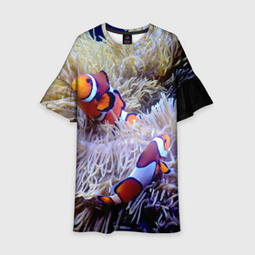 Детское платье 3D с принтом Клоуны в актинии в Кировске, 100% полиэстер | прямой силуэт, чуть расширенный к низу. Круглая горловина, на рукавах — воланы | актиния | клоуны | коралловые | море | подводный мир | рыбки