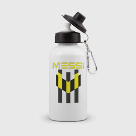 Бутылка спортивная с принтом Желто-черный образ лого Messi в Кировске, металл | емкость — 500 мл, в комплекте две пластиковые крышки и карабин для крепления | argentina | barca | barcelona | fc barcelona | lionel messi | spain | sport | uefa | аргентина | барса | барселона | золотой мяч | игрок | испания | камп ноу | лео месси | лионель месси | мяч | спорт | тренер | уефа 