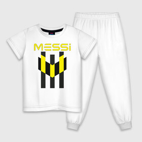 Детская пижама хлопок с принтом Желто-черный образ лого Messi в Кировске, 100% хлопок |  брюки и футболка прямого кроя, без карманов, на брюках мягкая резинка на поясе и по низу штанин
 | argentina | barca | barcelona | fc barcelona | lionel messi | spain | sport | uefa | аргентина | барса | барселона | золотой мяч | игрок | испания | камп ноу | лео месси | лионель месси | мяч | спорт | тренер | уефа 