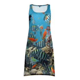 Платье-майка 3D с принтом Коралловые рыбки в Кировске, 100% полиэстер | полуприлегающий силуэт, широкие бретели, круглый вырез горловины, удлиненный подол сзади. | коралловые | кораллы | море | подводный мир | рыбки