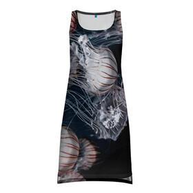 Платье-майка 3D с принтом Медузы в Кировске, 100% полиэстер | полуприлегающий силуэт, широкие бретели, круглый вырез горловины, удлиненный подол сзади. | глубина | медузы | море | морские обитатели | океан | подводный мир