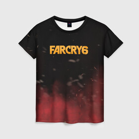 Женская футболка 3D с принтом Far Cry 6 в Кировске, 100% полиэфир ( синтетическое хлопкоподобное полотно) | прямой крой, круглый вырез горловины, длина до линии бедер | far cry 6 | дым | игра | лого | надпись | частицы