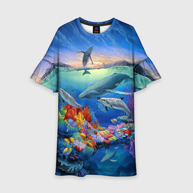 Детское платье 3D с принтом Киты и дельфины в Кировске, 100% полиэстер | прямой силуэт, чуть расширенный к низу. Круглая горловина, на рукавах — воланы | горы | дельфины | закат солнца | киты | кораллы | море | океан | подводный мир