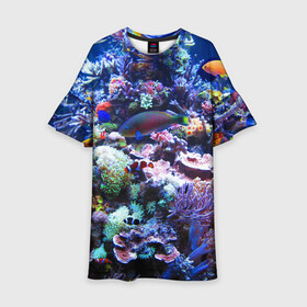 Детское платье 3D с принтом Коралловые рыбки в Кировске, 100% полиэстер | прямой силуэт, чуть расширенный к низу. Круглая горловина, на рукавах — воланы | Тематика изображения на принте: коралловые | кораллы | море | морские обитатели | океан | подводный мир | рыбки